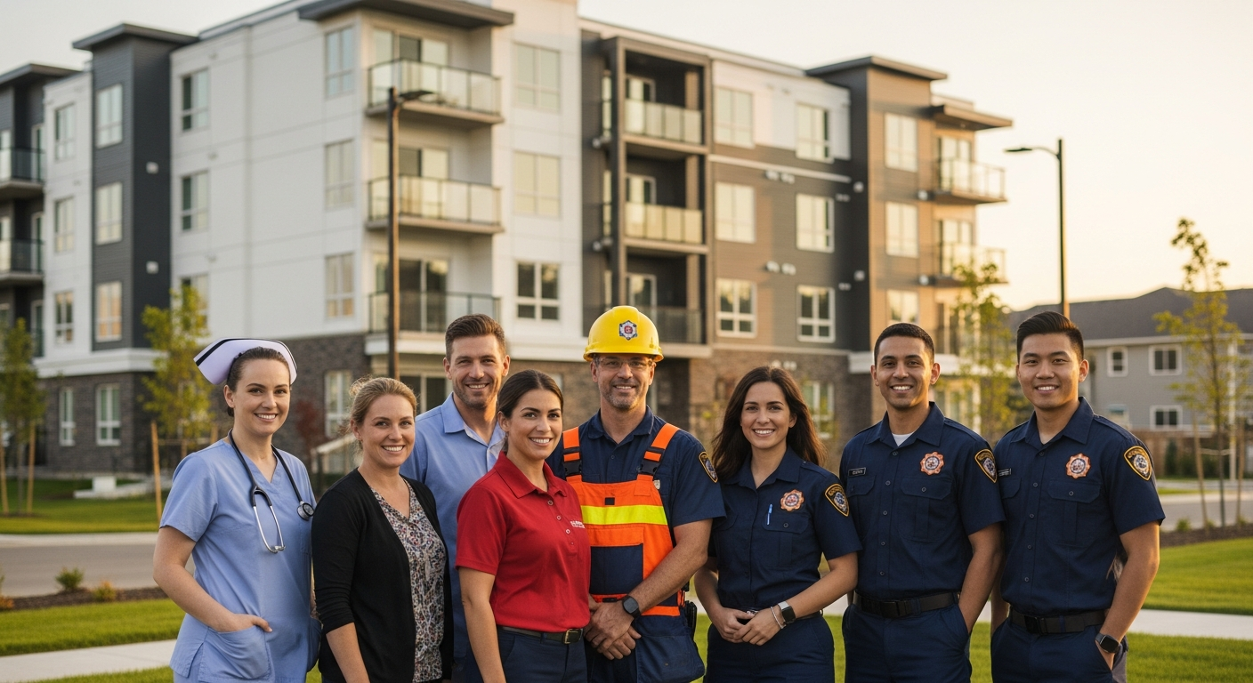 Diverse Canadian core workforce community including nurses, teachers, and tradespeople in front of a new purpose-built rental apartment building